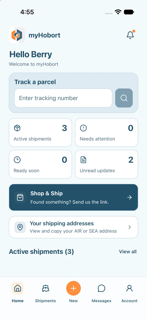 The myHobort app home screen with shipment counts and a tracking box