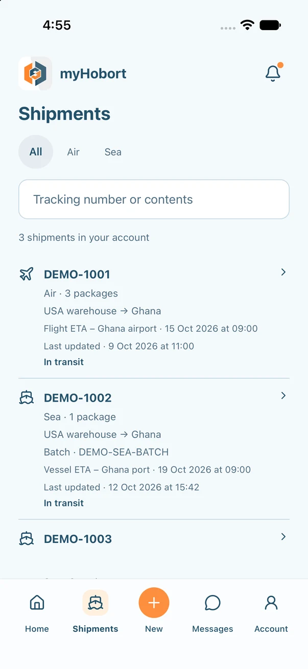 The myHobort app Shipments screen listing air and sea shipments